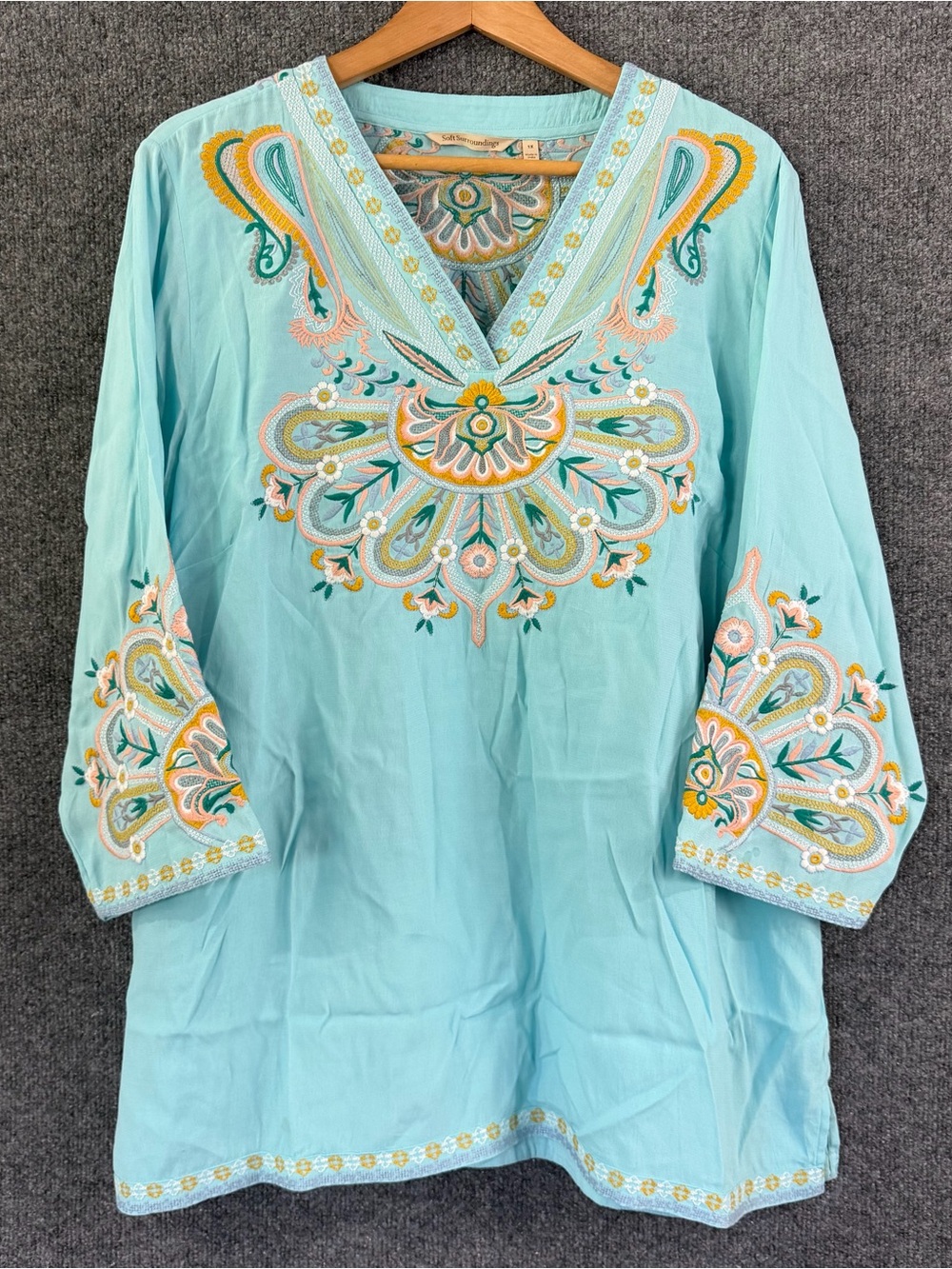 Soft Surroundings Womens 1X River Island Tunic Aqua Blue Embroidered Boho Blouse